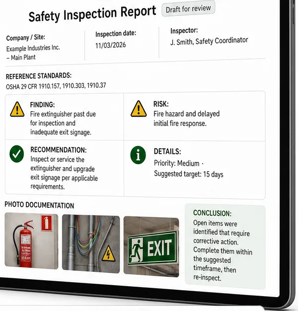 A safety inspection report drafted by Safety PRO, marked draft for review